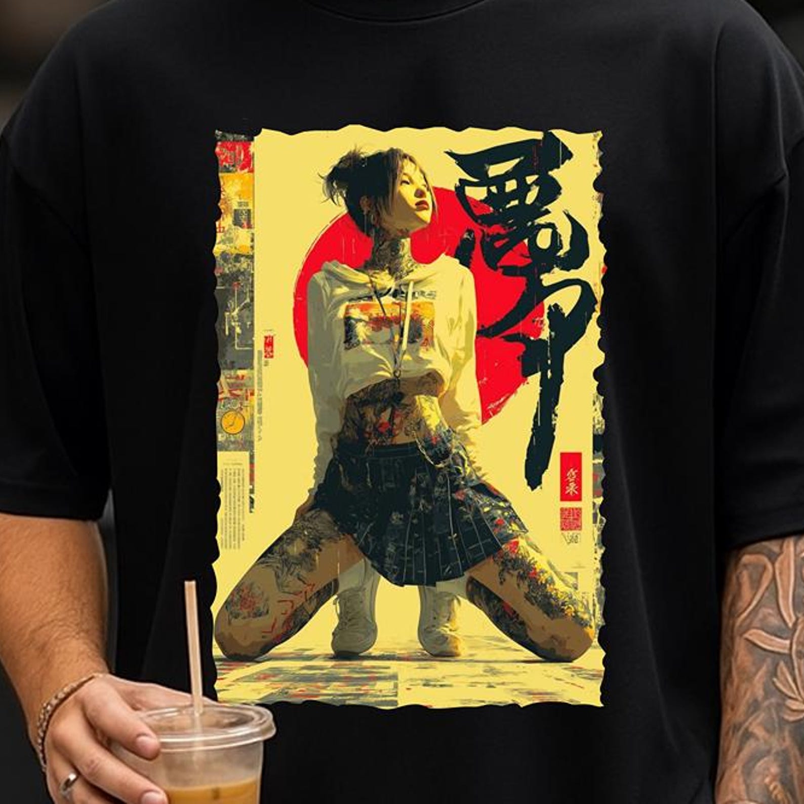 Vintage Japanese Poster T-Shirt, Samurai Girl Graphic Tee, Tokyo Streetwear Anime Art Top S