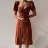 Puff Short Sleeve Shirring Single Breasted Split Hem Lady Dress Summer Solid