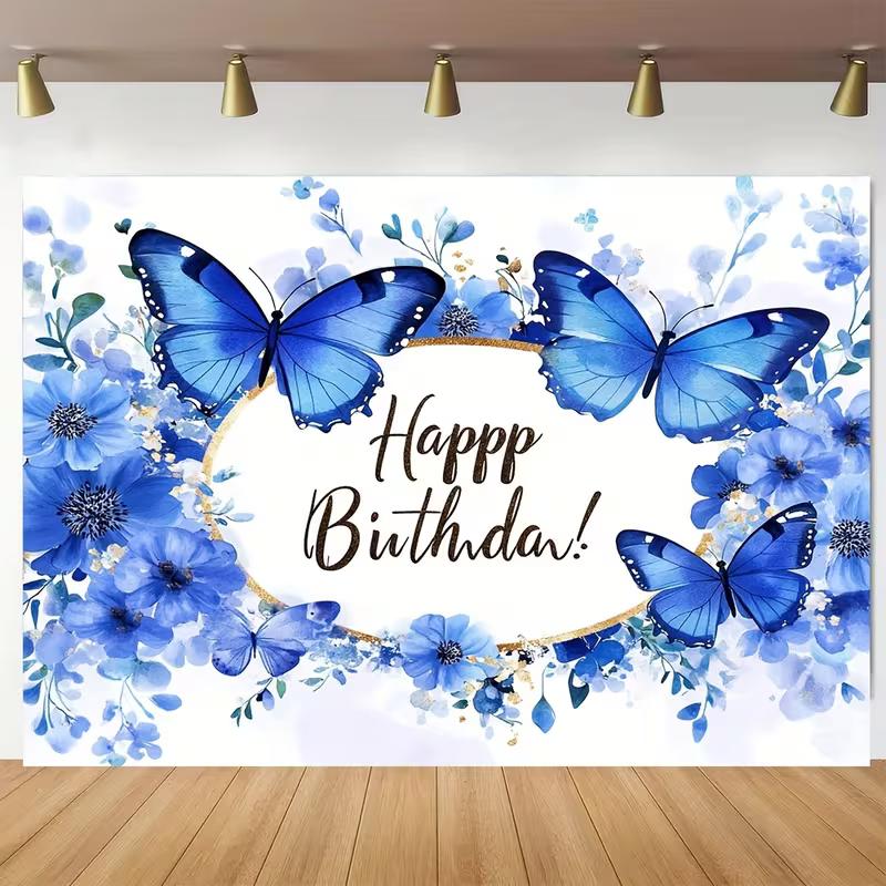 2D Blue Butterfly Happy Birthday Backdrop Photography Background