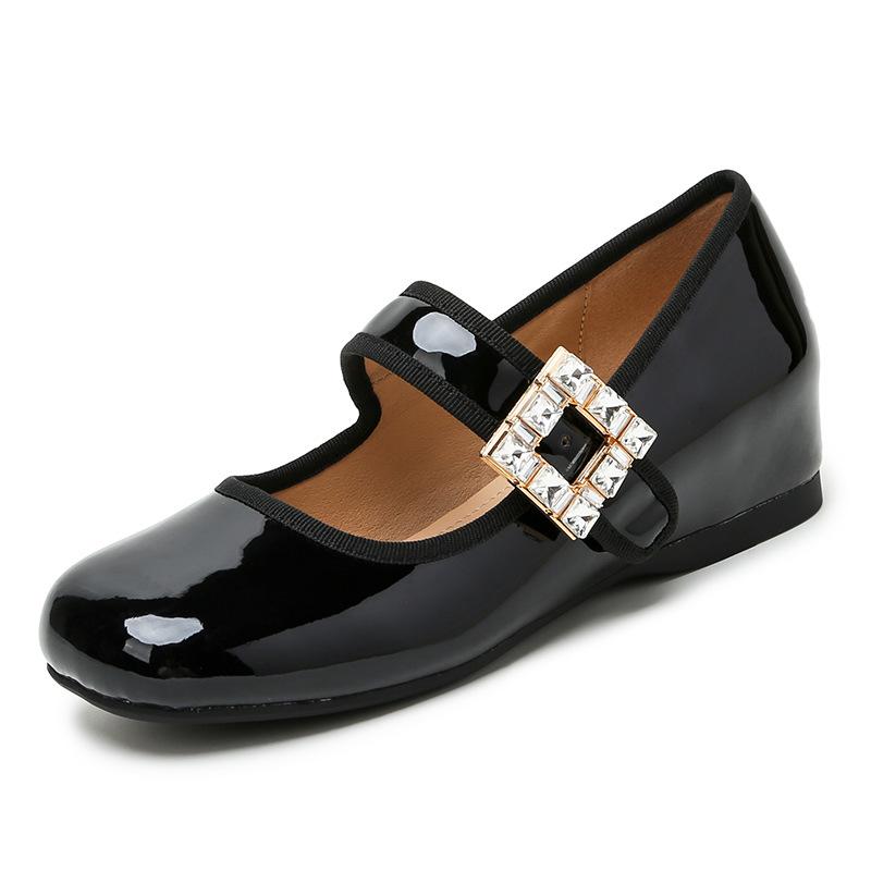 

Spring and summer small leather shoes women s autumn retro rhinestone square buckle inner height increase Mary Jane single shoes 39 чёрный