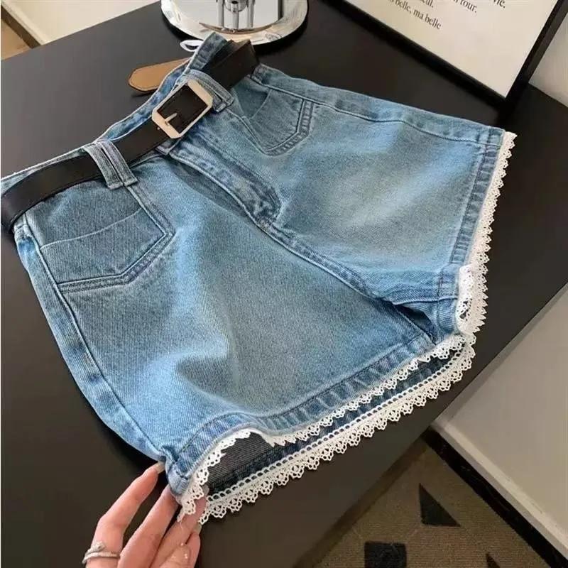 

Women s Blue Lace Denim Shorts Summer New Casual Loose A-line Short Pants High Waisted College Style Wide Leg Pants XXL