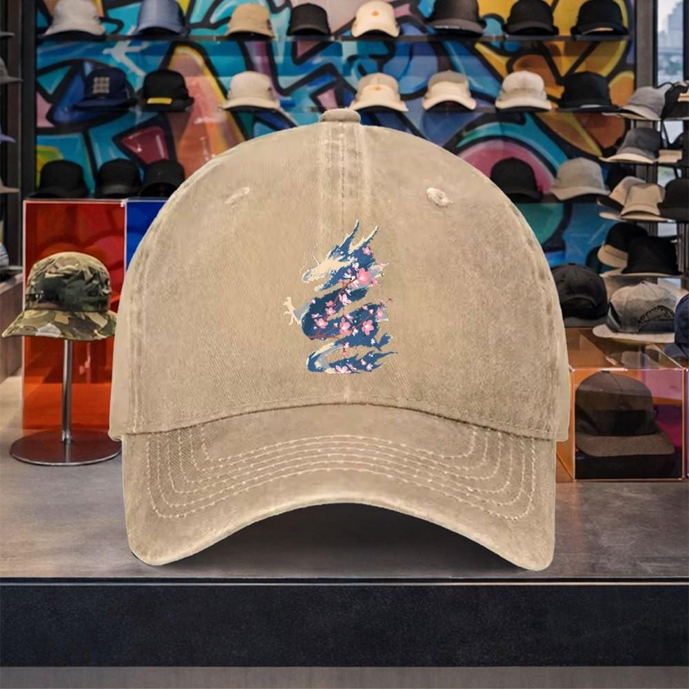 Dragon Cherry Blossom Washed Baseball Cap Unisex Adjustable Cotton Outdoor Casual Hat