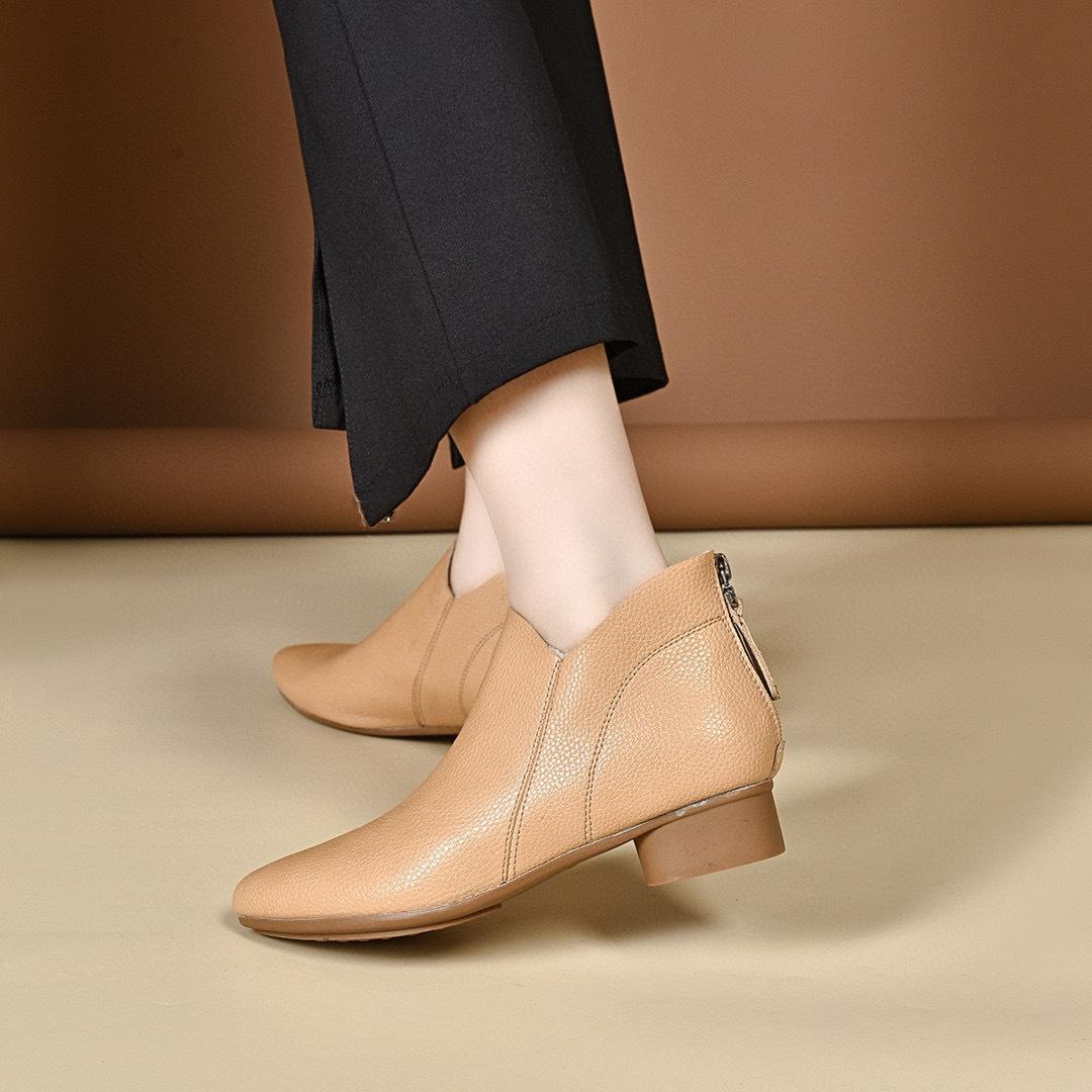 

Женские остроносые короткие ботинки осень-зима новая простая темпераментная низкий каблук задняя молния кожаные ботильоны на плоской подошве кожаные ботинки 40 абрикосовый