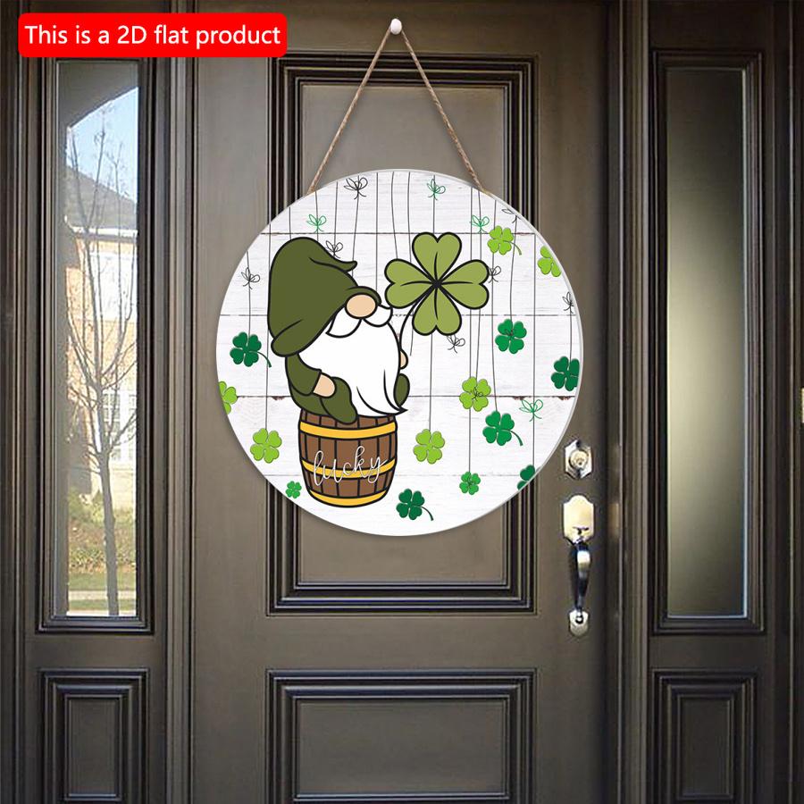 2D Flat 20*20cm1pc St. Patrick's Day Old Elf Dwarf In green&Four-leaf Grass Patterns Lucky Wooden Hanging Decoration, Front Door Vintage Welcome Plaqu