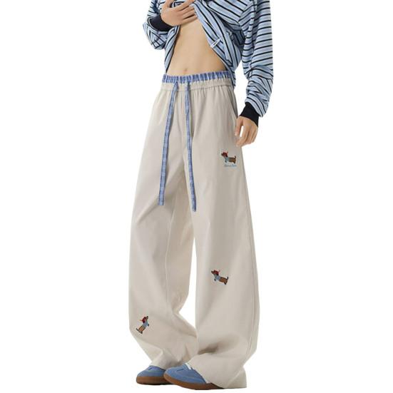 Men's Casual Baggy Pants Drawstring Waist Trousers with Cartoon Dachshund Embroidery Loose Fit Streetwear Pants for Vacation Travel School