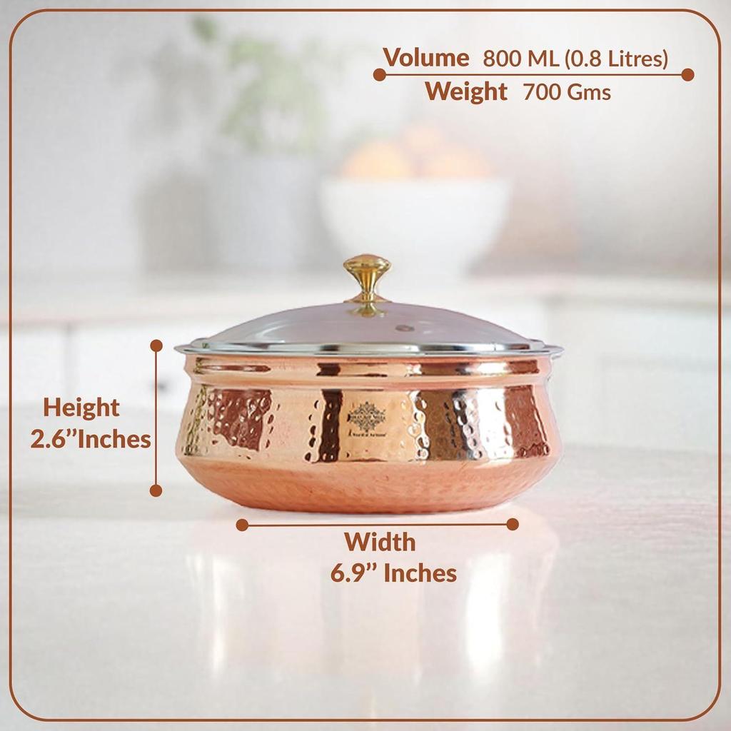 Steel Copper Serving Handi with Glass Lid, Serving Dishes Chicken Briyani Vegetables Home Hotel Restaurant Tableware, Volume - 800 ML (Pack of 1)