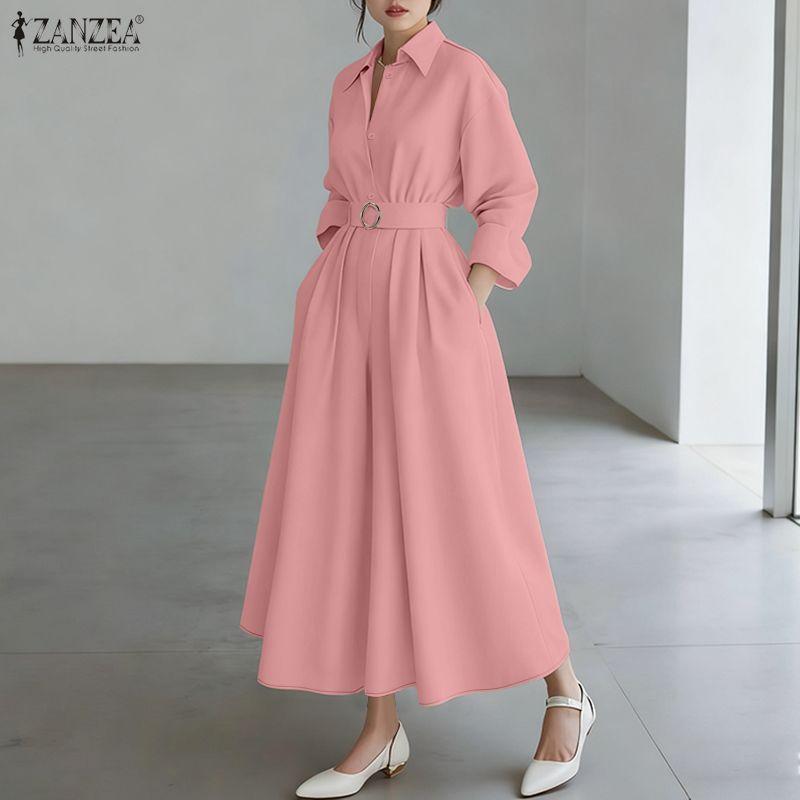 ZANZEA Women Turn Down Collar Loose Casual Long Sleeve Shirt Dress