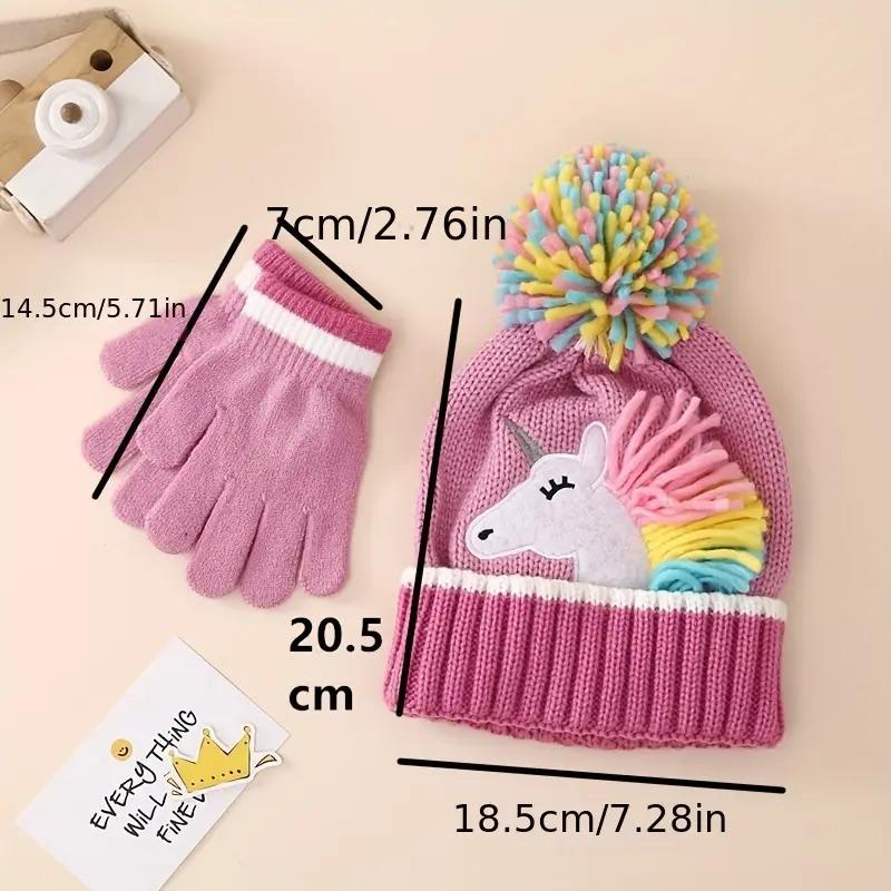 Kinder Mädchen Niedliche Einhorn Mütze Wintermütze und Handschuh Set Strickmütze Klappbare Fäustlinge Set für Kleinkind Kleine Mädchen Jungen
