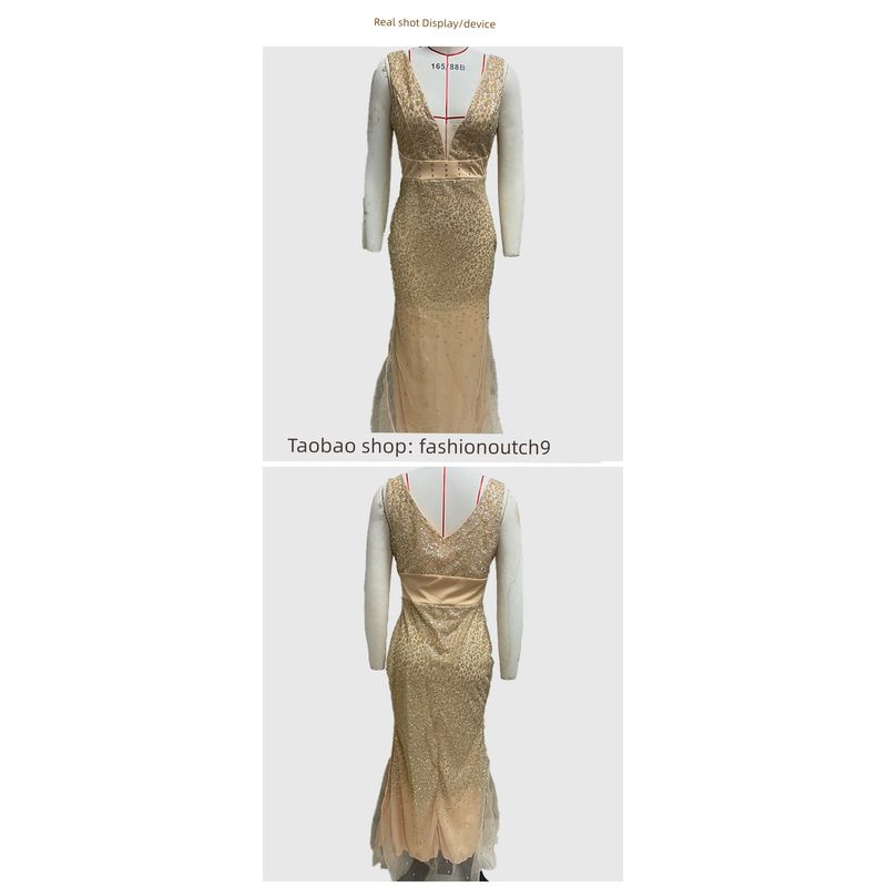 

2024 Women s Suspender V-neck Split Golden Dress Dress Gold S
