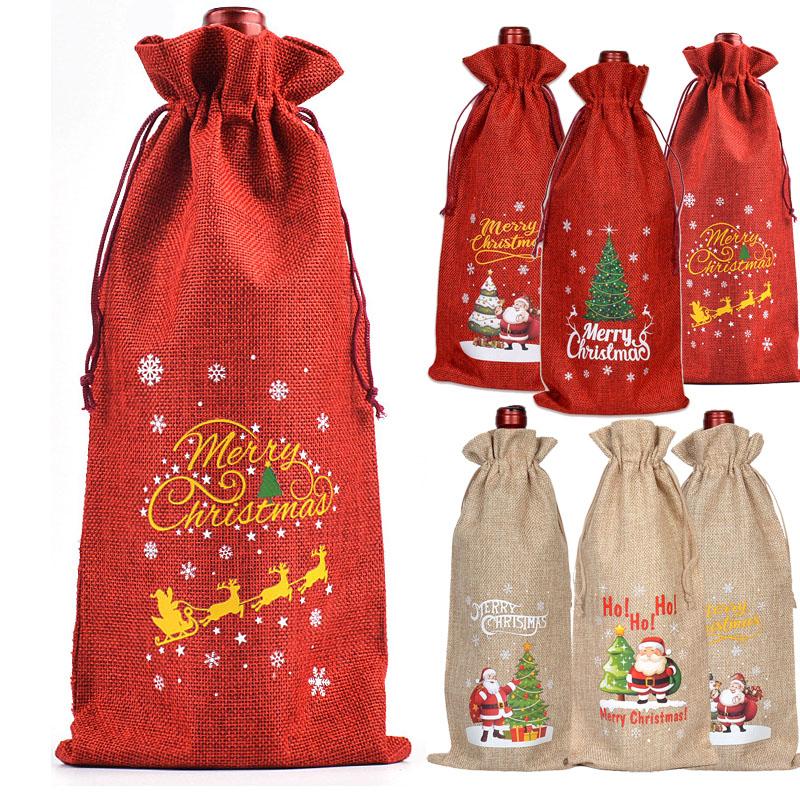 3/6pcs Christmas Wine Bottle Gift Bags Cover with Drawstring Burlap Linen Wine Gift Bags for Xmas Party Decorations