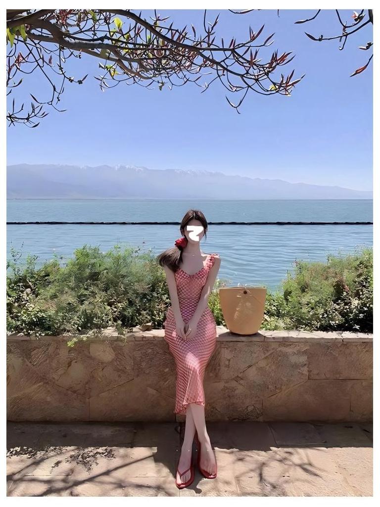 Women's Red Plaid Fishtail Spaghetti Strap Dress - 2025 Spring/Summer French Seaside Vacation Collection