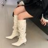 Strap metal buckle pointed high heel boots autumn and winter wrinkled high boots Maillard stacking boots