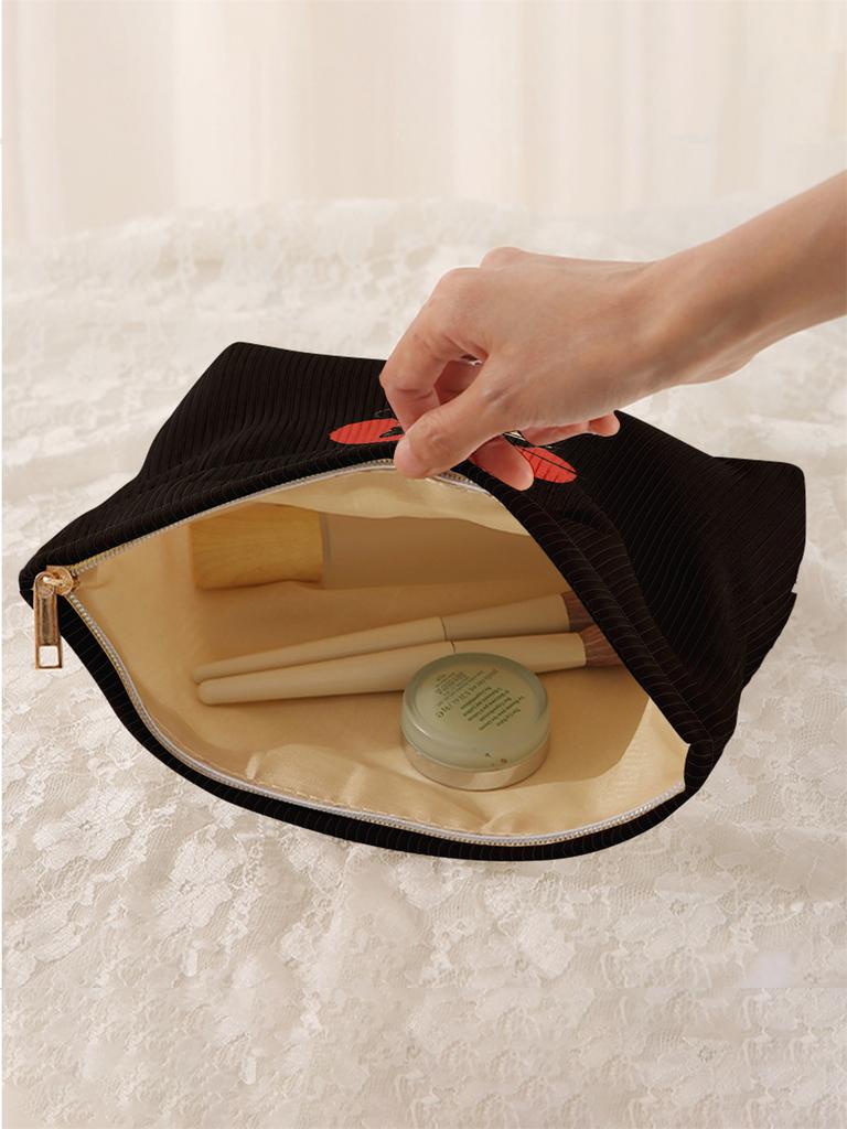 1 black cat pattern printed corduroy makeup bag, lightweight zipper makeup storage box, multifunctional bag with lining