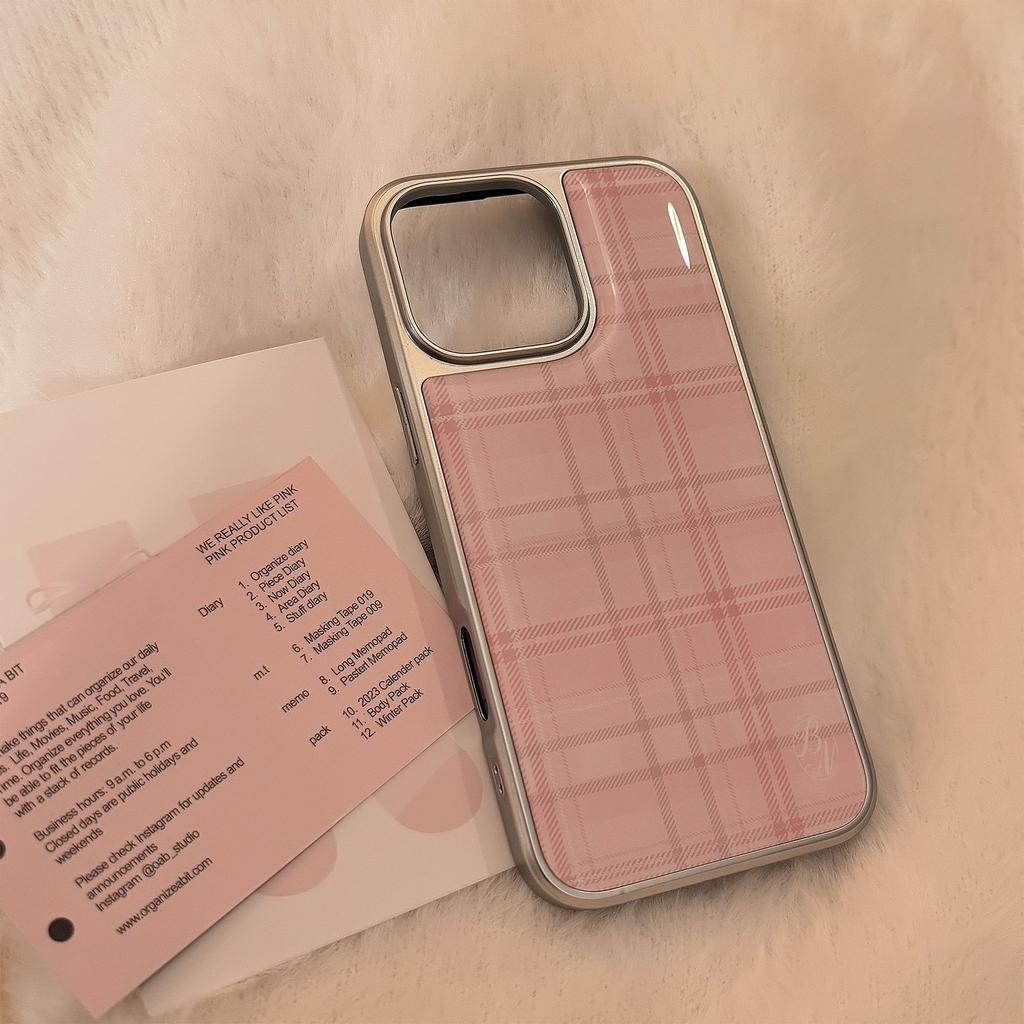 Pink Check Pattern Suitable for 16 Apple 15 Promax Mobile Phone Case Iphone 14 Drop Glue 13 Korean Sweet 15 Huawei Hard