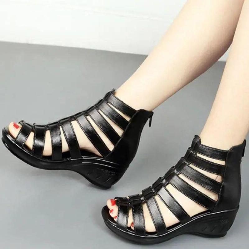 

Римские сандалии, женские летние черные туфли с открытой молнией сзади, обувь на танкетке с мягкой подошвой, прогулочные тапочки с открытым носком, Sandalias Para Mujer