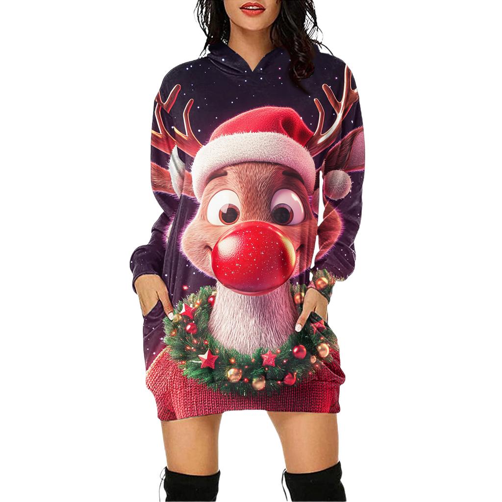 Rochie Pulover cu Glugă și Mâneci Lungi cu Buzunar și Imprimeu de Crăciun pentru Femei