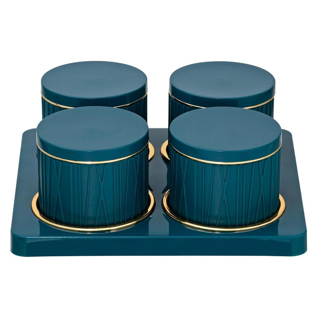 Container Tray Set -4 Pcs (450ml) -Multi-Color (Classic White, Repose Grey, Bluish Grey) Polypropylene with Subtle Gold Rim (Emerald Green)