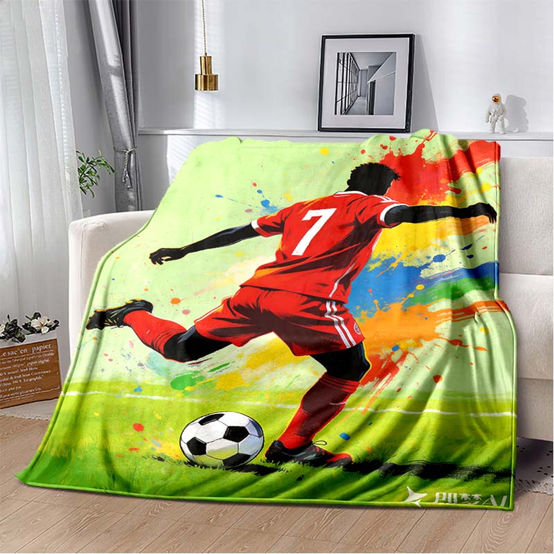 Number 7 Football Player Red Jersey Color Splash Print Flannel Blanket Soccer Athlete Green Grass Field Soft Throw Blanket Sofa Bedroom Decor Blanket
