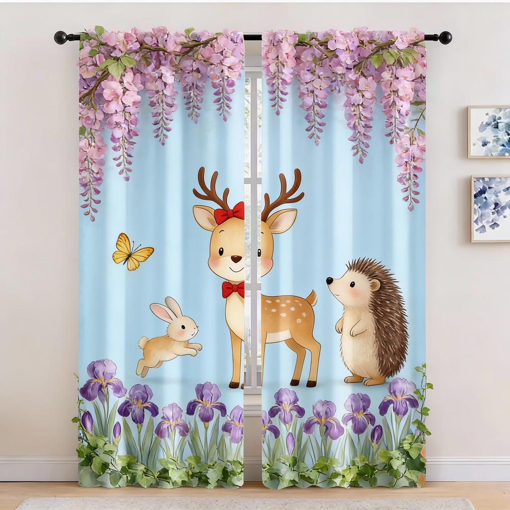 2Pcs Cute Animal Sheer Curtains Lion Elephant Giraffe Zebra Light Filtering Window Drapes for Spring Summer Room Decor