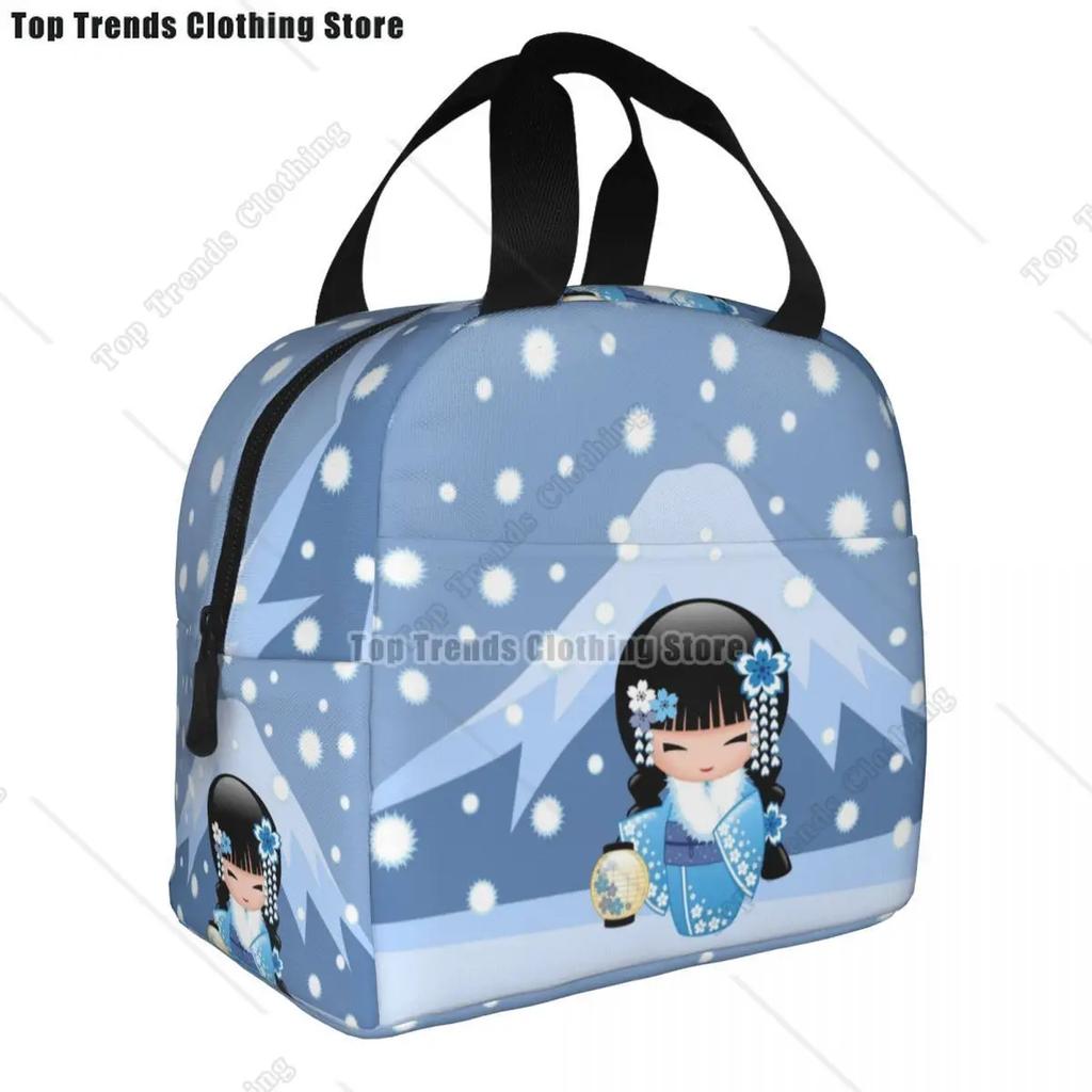 Japanese Keiko Kokeshi Doll Insulated Lunch Bag Cute Design Kimono Geisha Dolls Girls Cooler Thermal Bento Box Lunch Boxes