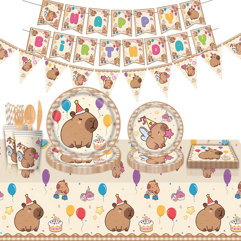 Capybara Party Set: Disposable Plates, Cups, Napkins, Tablecloth, Banner for Boys