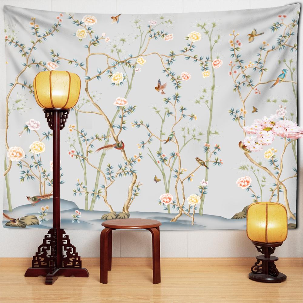 Obraz Kwiaty i Ptaki Orchidea Świeży Gobelin do Powieszenia na Ścianie Prosty Chiński Styl Boho Dekoracja Pokoju w Akademiku