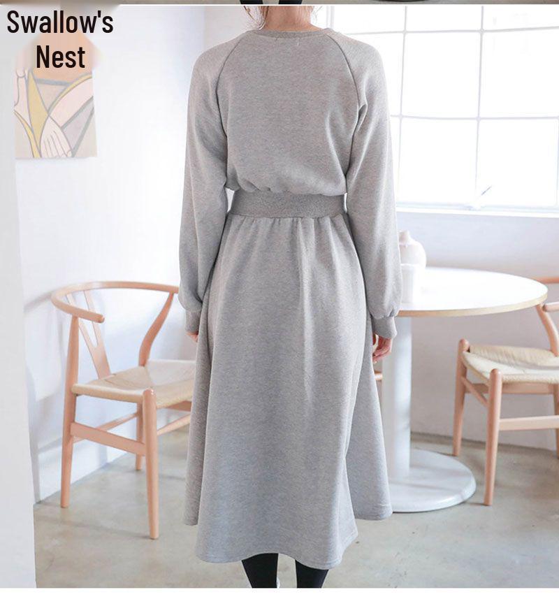 Plus Size Women's Autumn/Winter Plush Hooded Dress with Waist-Cinch, Ankle-Length, Slimming Fit