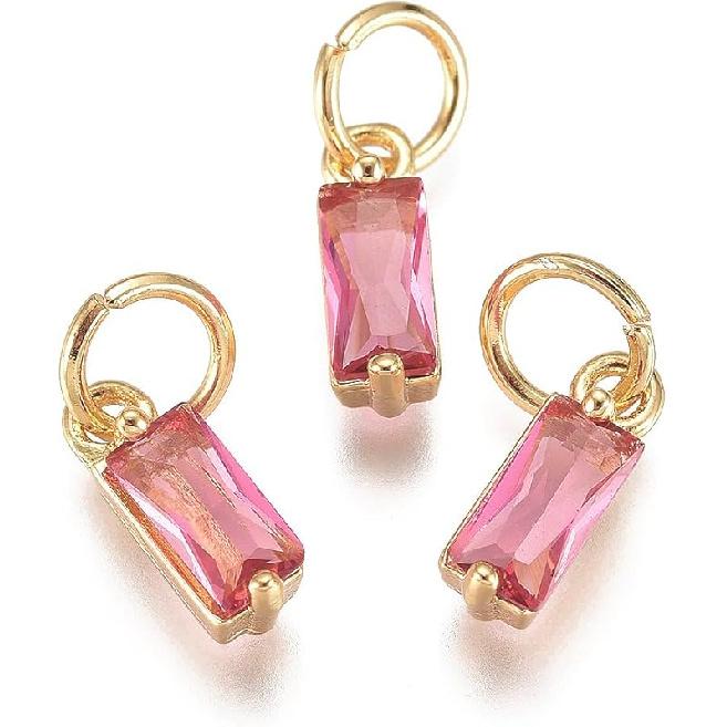 Pandahall 12Pcs 18K Gold Plated Rectangle Charms Cubic Zirconia Birthstone Charms Brass Crystal CZ Stone Pendants with Jump Ring for Jewelry Making