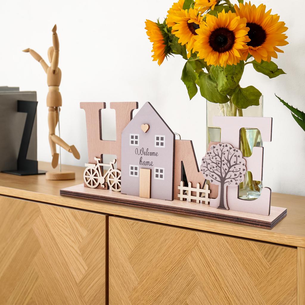 Wooden Stand Decoration Wooden Home Desktop Ornament with House Tree Rustic and Modern Home Decoration for Birthday Present