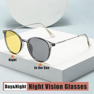 Lunettes de vision nocturne à double usage jour et nuit Lunettes photochromiques à protection UV Monture ronde rétro Lunettes anti-reflets pour la conduite