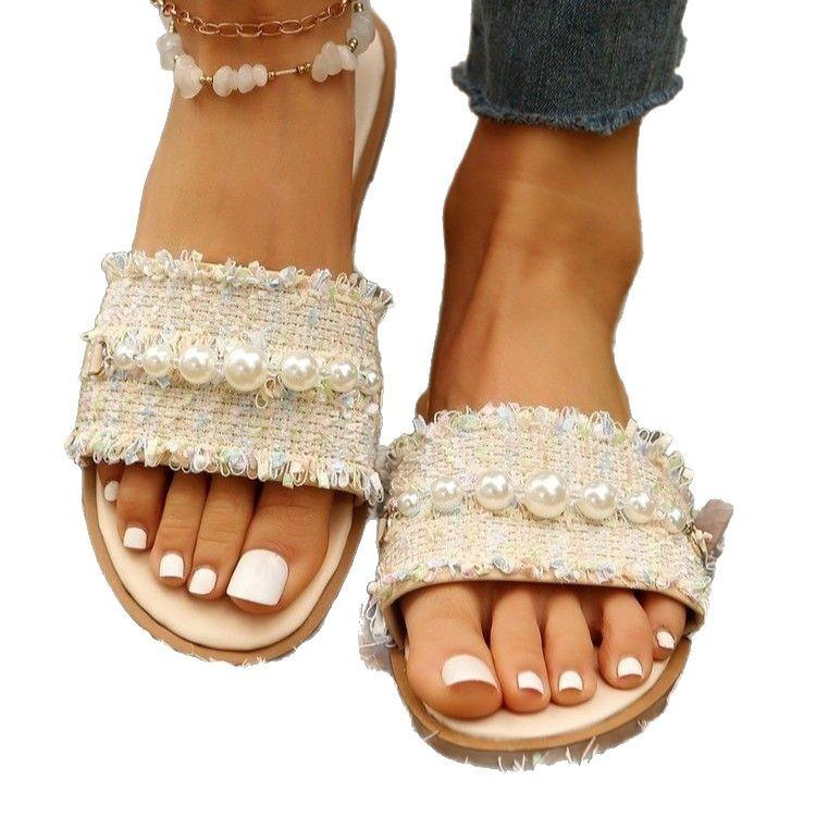 South East Asia Foreign Trade New 2025 Spring and Summer Pearl Cloth Flat Bottom Large Size Casual One Word with Round Head Casual Slippers