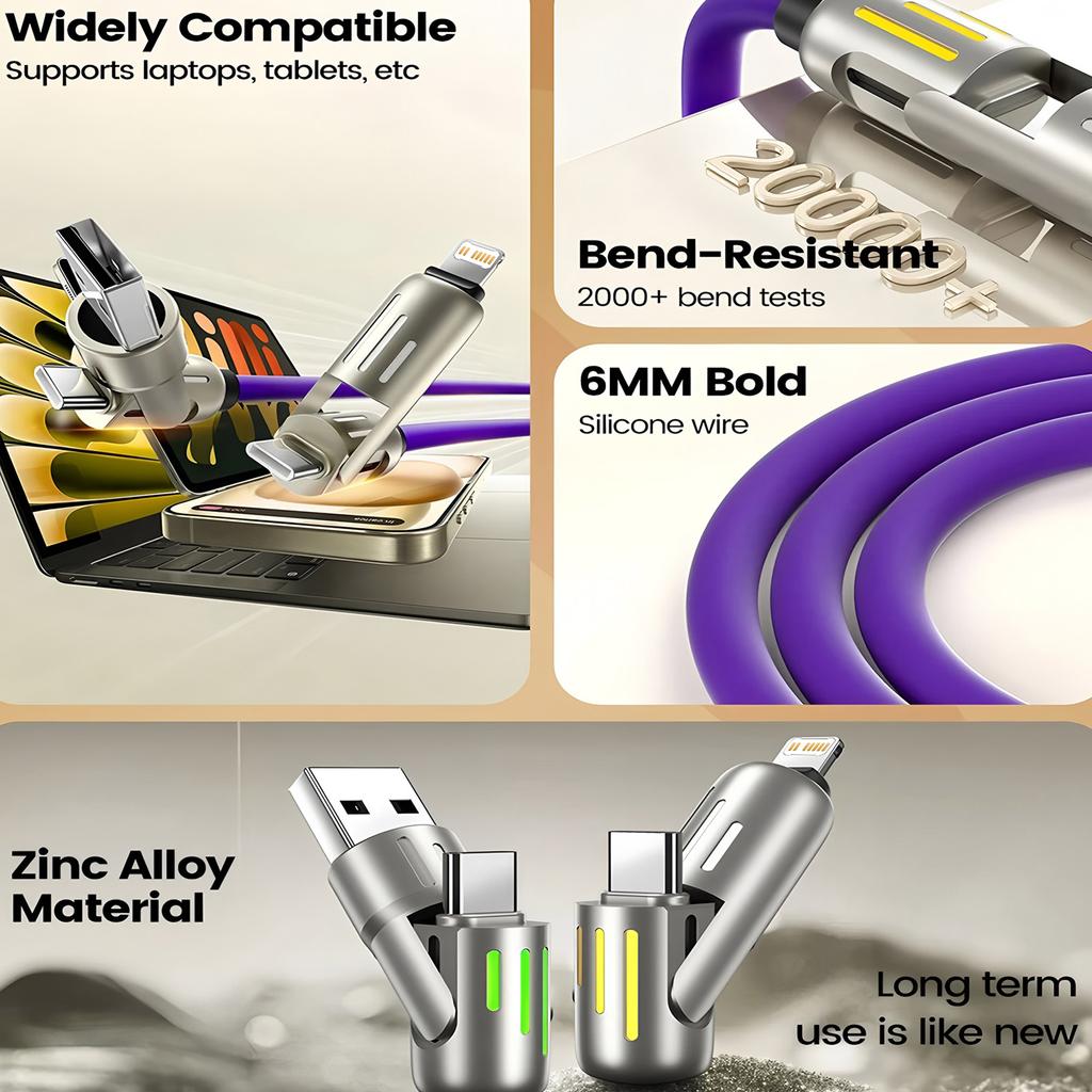 4-in-1 240W USB Typ C Silikon Schnellladekabel, Für iPhone Huawei Samsung Xiaomi Langlebiges Typ-C zu USB A Kabel