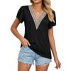 Camiseta de verano para mujer, camisetas de Color liso con manga corta y cuello en V de encaje dorado