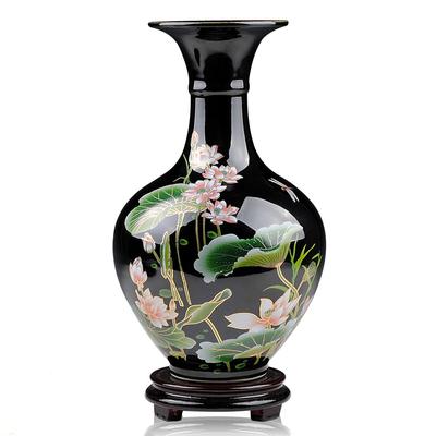 Chinese Ceramic Vase - Black Lotus Porcelain Vase with Base, Retro Home Decor, Hand Painted Flower Vase, Art Decor Gift
