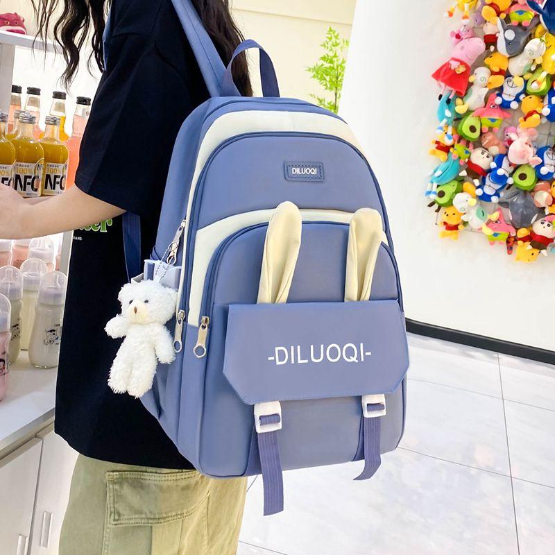 Autumn New Canvas Backpack Women's Korean Version Large Capacity Five-Piece Set Middle School Student Backpack College Student
