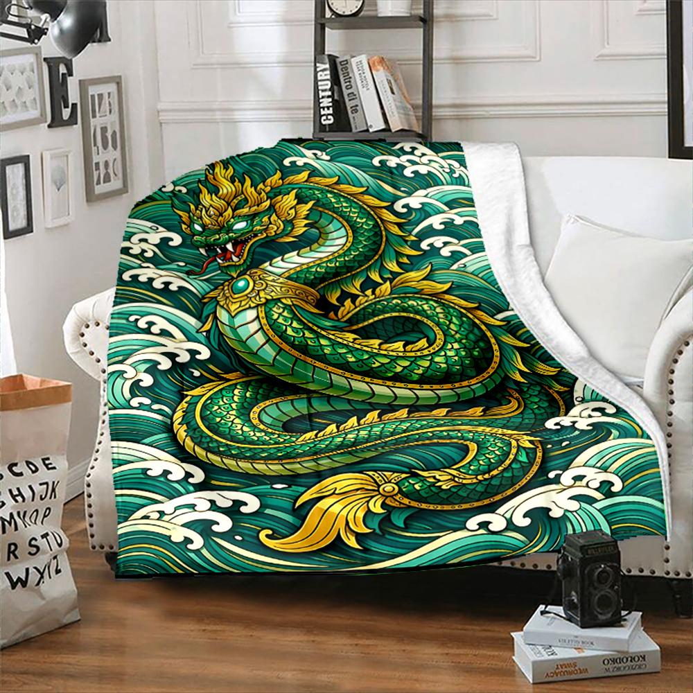 Multiple Sizes Dragon and Waves Print Blanket Warm Soft Suitable for All Seasons for Home Sofa Travel Camping Picnics RV