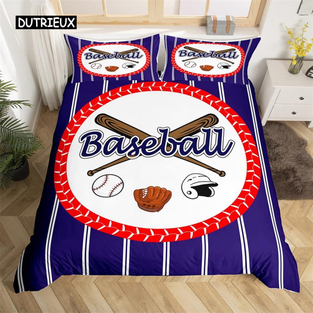 Baseball Duvet Cover Polyester Sports Theme Bedding Set King Baseball Gaming Geometry Stripe Quilt Cover For Ball Lover Boy Girl