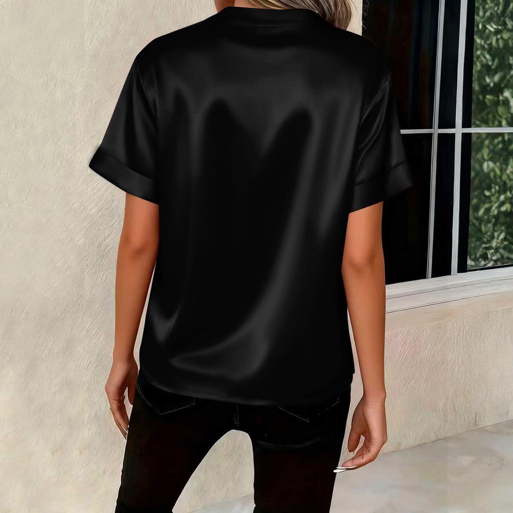 Women Stain Tops Short Sleeve Blouse V Neck Shirts Business Casual Outfits