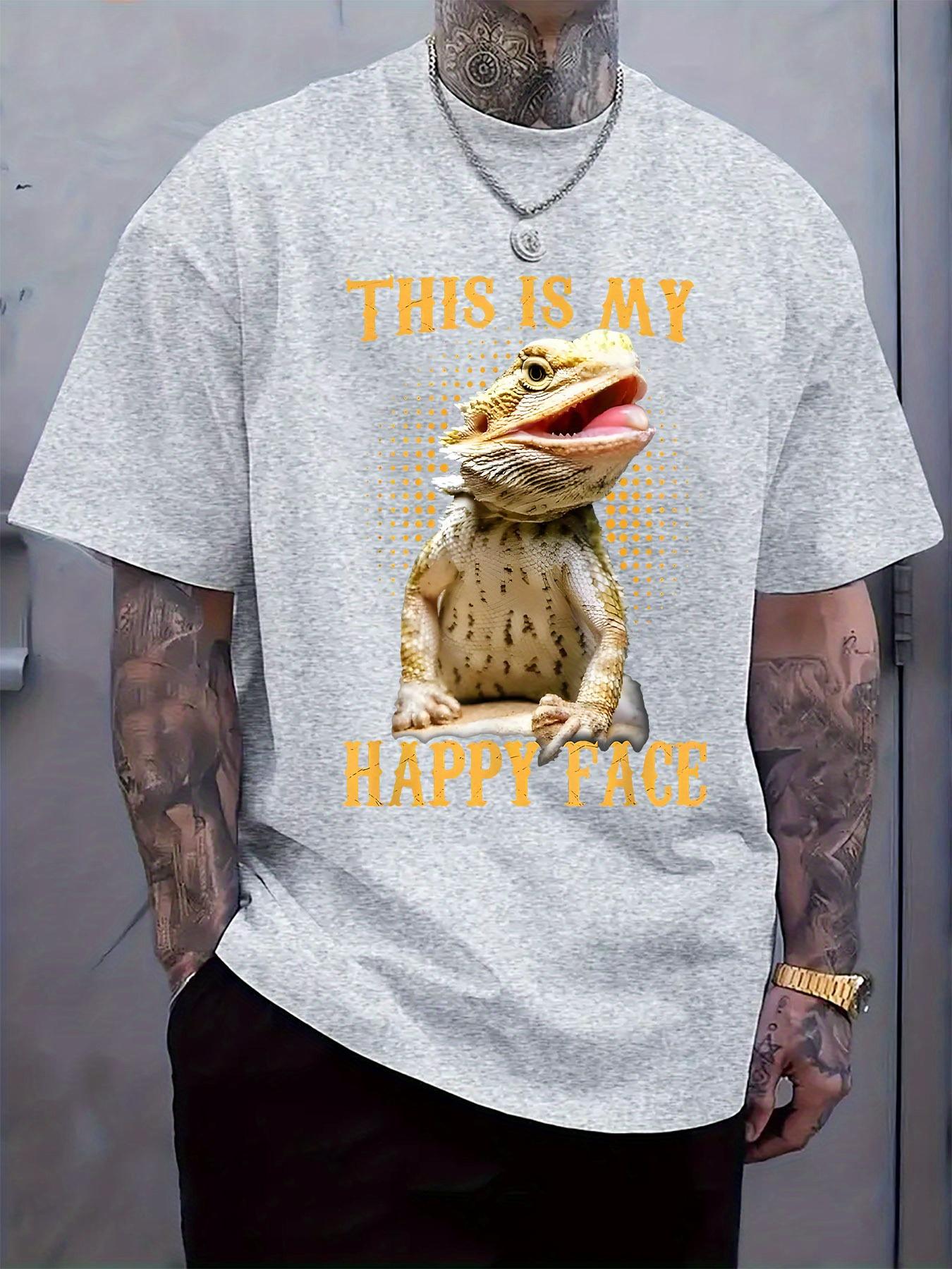 Casual Crew Neck T-shirt with Happy Lizard Print - This is My Happy Face Design XXXL