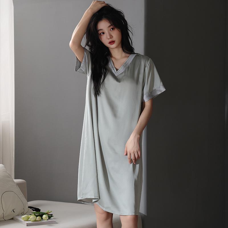 Summer ice silk women s pajamas short-sleeved loungewear medium and long high-end simulation silk pajamas summer dress M suggest 40-50kg