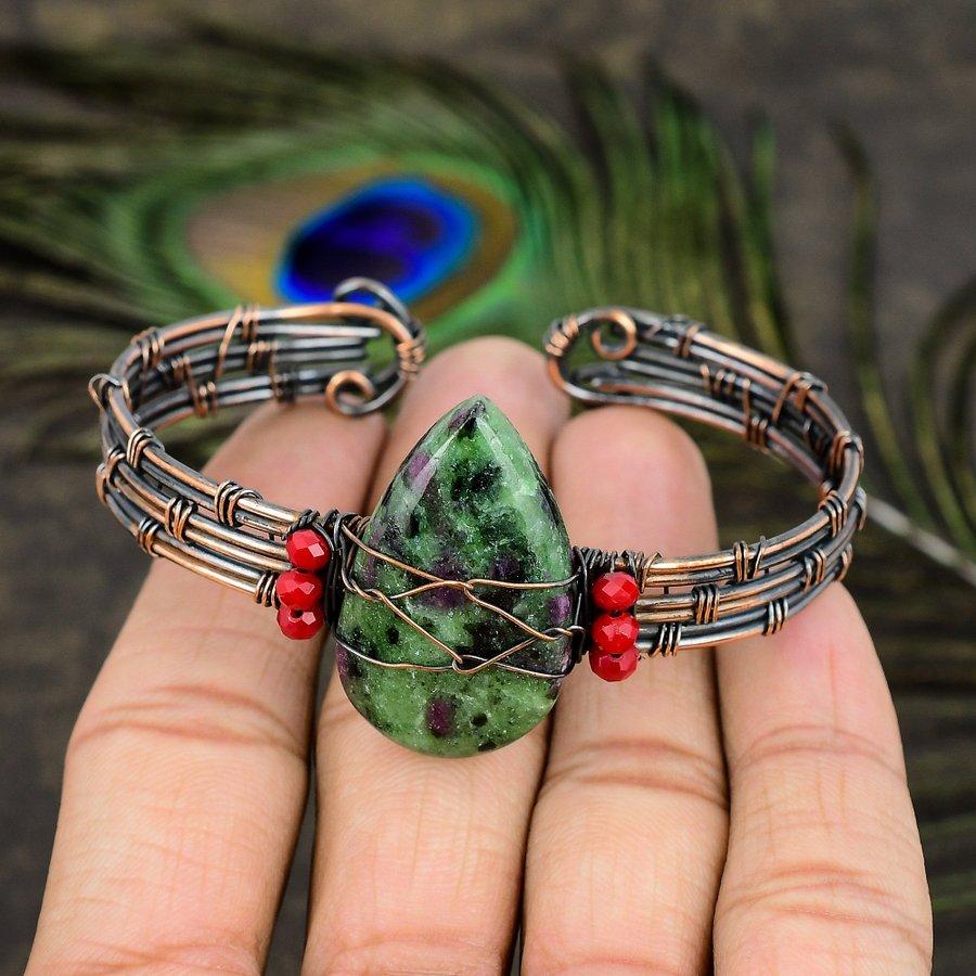 Ruby Zosite Lab-Created Handmade Copper Wire Wrap Cuff Bangle Adjustable v6U08
