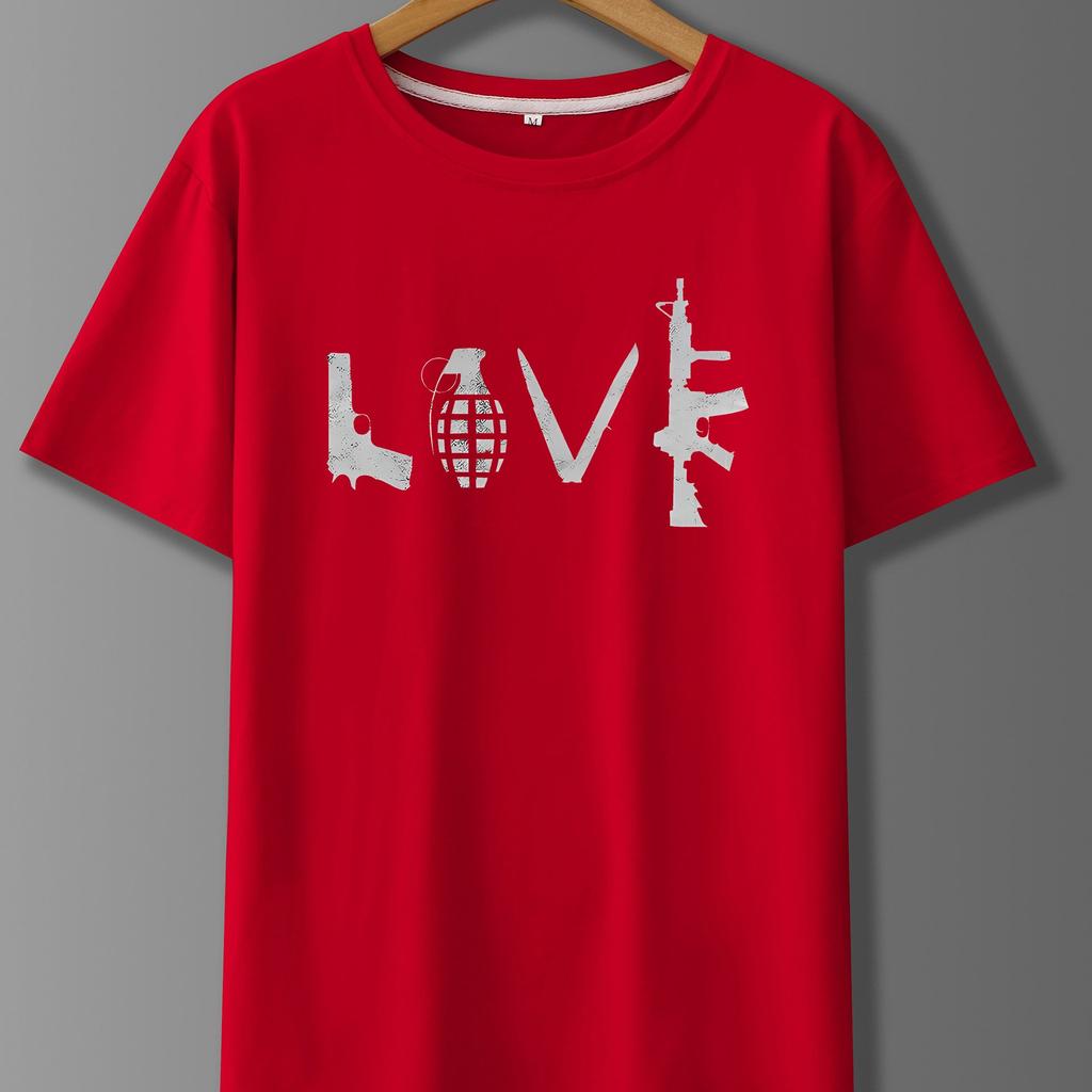 Lover Gun Print Men Round Crew Neck Short Sleeve Simple Style Tee Fashion Regular Fit T-Shirt Casual Top