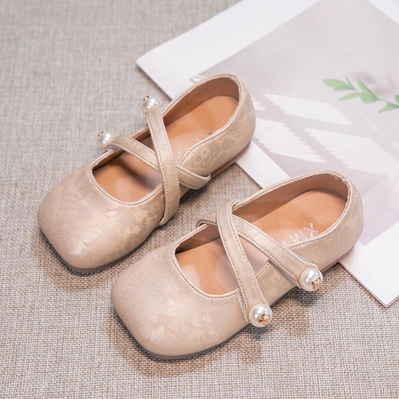 Children Pearls Cross Shoes Chinese National Style Kids Flowers Printed Princess Shoes Girls Leather Shoes for Party Wedding
