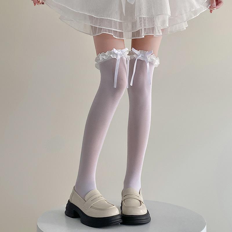 White Bow Lace-Trim Lolita Thigh-High Stockings - Spring/Summer