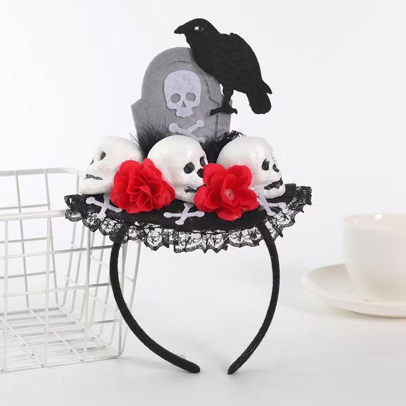 Halloween Witch Hat Headband Lace Trim Ghost Skull Rose Spider Web Hair Accessory For Halloween Party Cosplay Women Girls