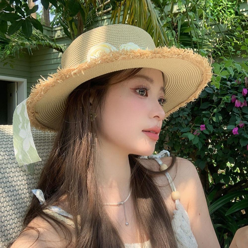 Wide Brim Lace Floral Brim Cap Flat Top Women's Sun Hat Sunshade Sunscreen Hat Vacation