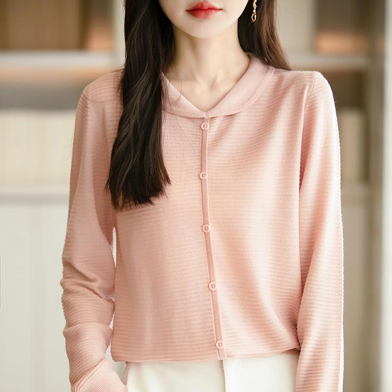 Doll collar pullover long-sleeved knitted sweater loose casual age-reducing women's fashion fake cardigan lapel collar multi-button top