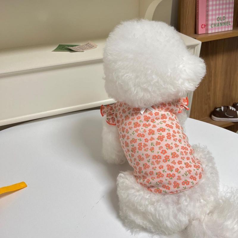 Bowknot Floral Flying Sleeve Vest Dog Clothes Cat Universal Teddy Summer Thin Spring and Autumn Pet Clothing
