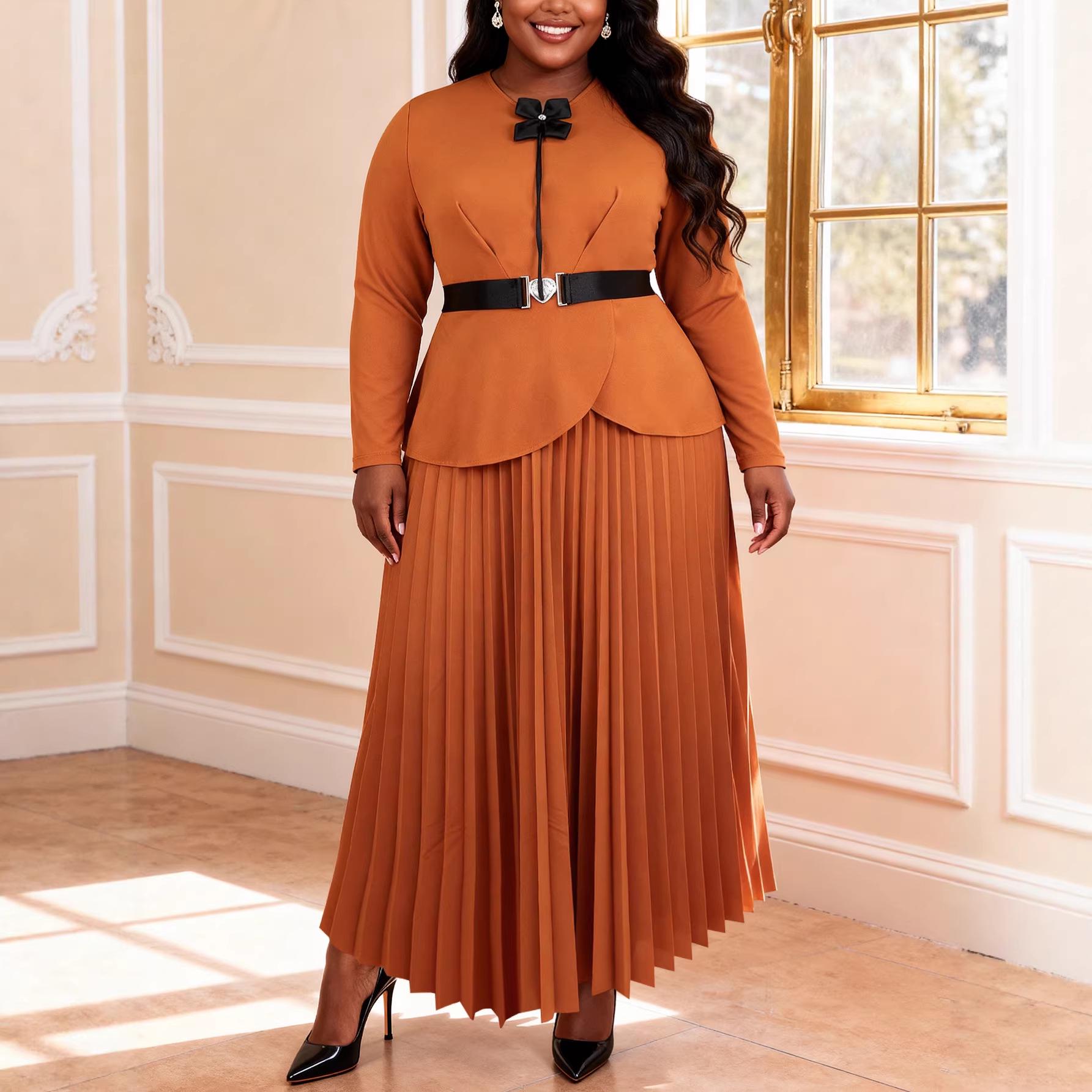 Plus Size Elegant Long Sleeve Bowknot Dress with Ruffle Waist-Cinching Pleats 4XL коричневый