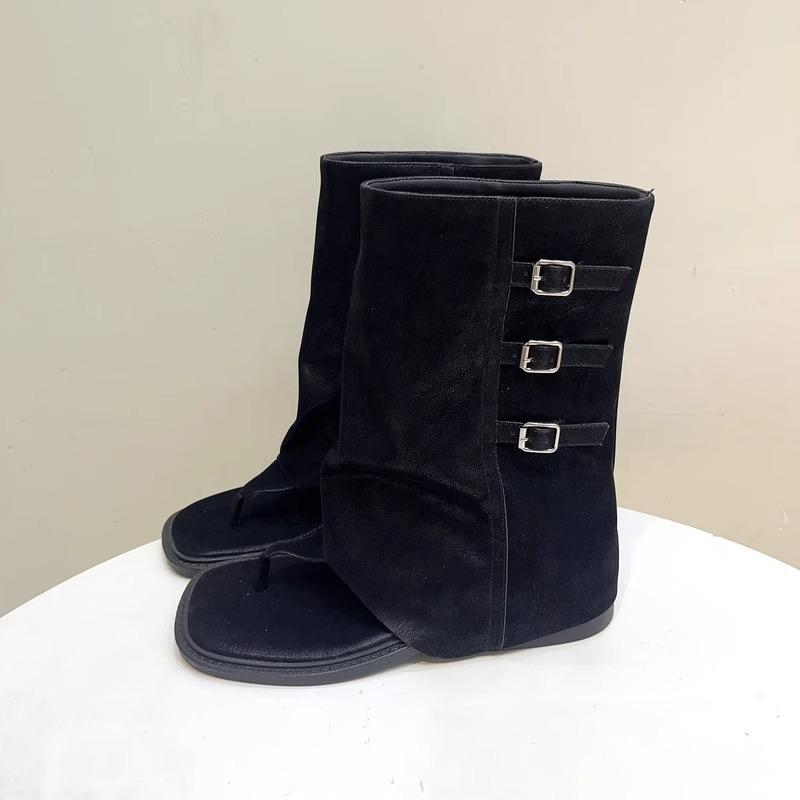 Summer new retro style belt buckle flat bottom toe open toe pants short boots women's medium tube herringbone cool boots